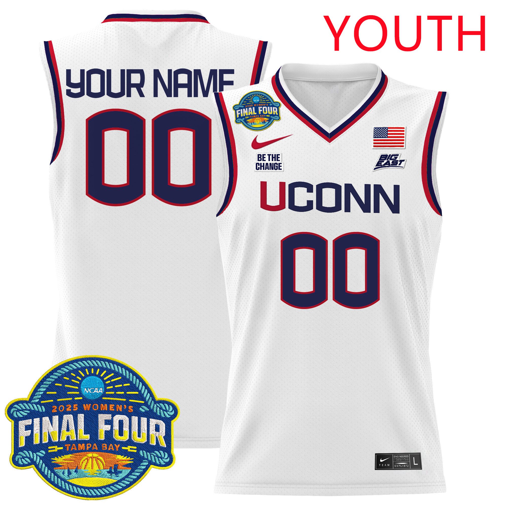 Youth UConn Huskies White Nike 2025 Big Eat Final Four Patch Lightweight Basketball Custom NCAA Jersey